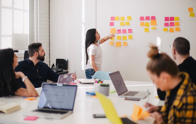 Five people in a meeting with sticky notes